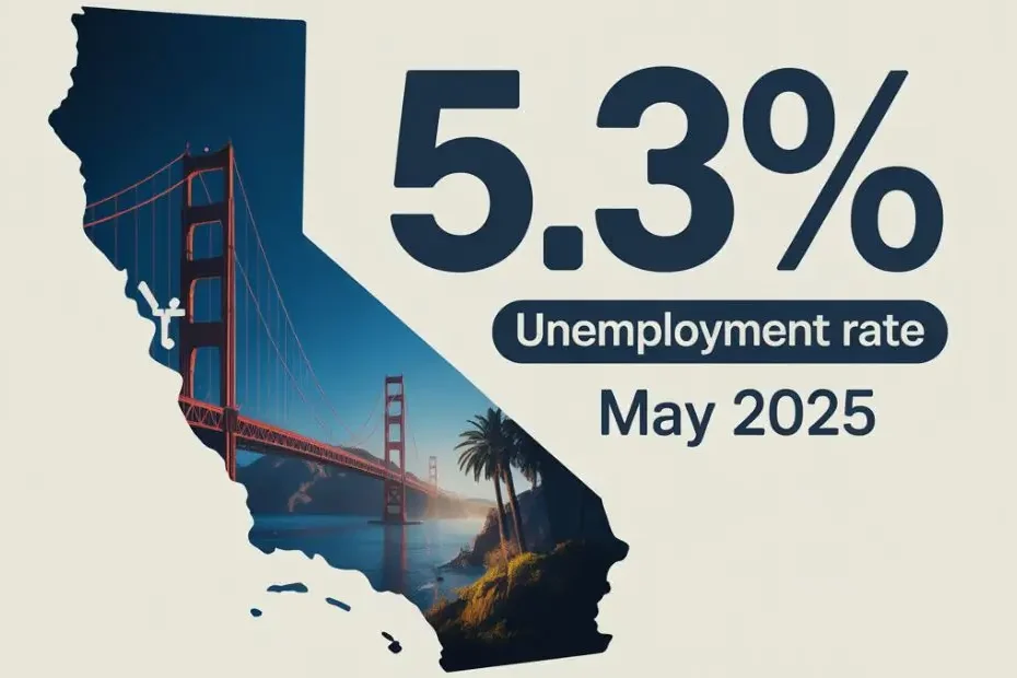 California state outline with 5.3% unemployment rate prominently displayed for May 2025, featuring professional statistical design with Golden Gate Bridge silhouette