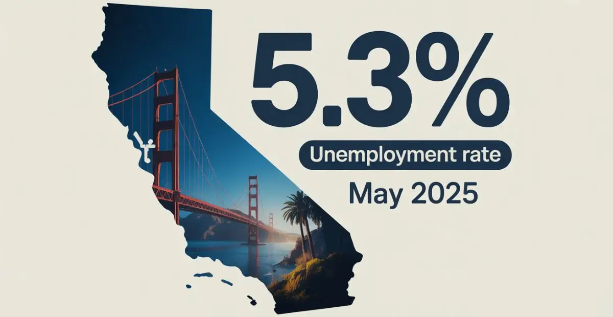 California state outline with 5.3% unemployment rate prominently displayed for May 2025, featuring professional statistical design with Golden Gate Bridge silhouette